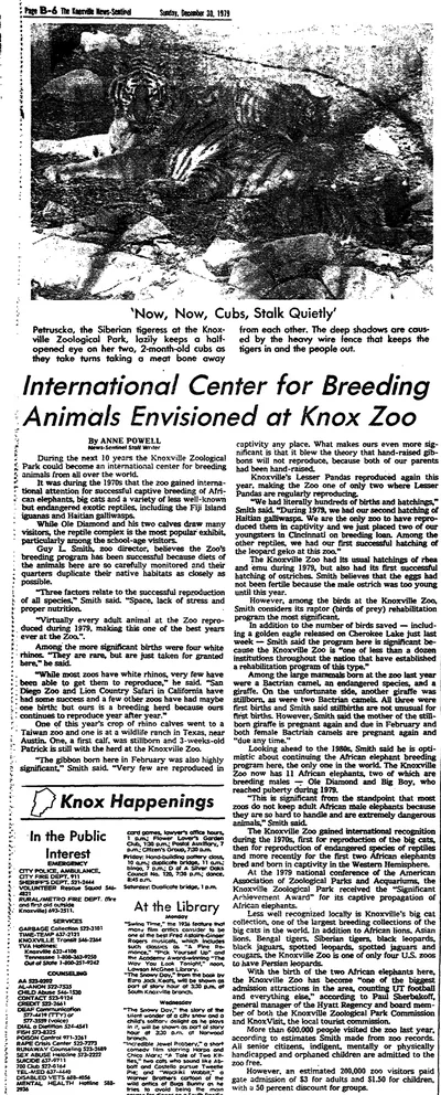 Newspaper clipping: International Center for Breeding Animals Envisioned at Knox Zoo