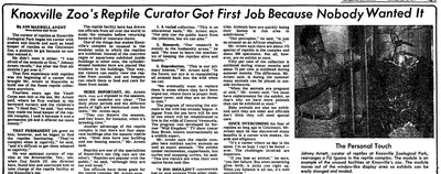 Newspaper clipping: Knoxville Zoo's Reptile Curator Got First Job Because Nobody Wanted It